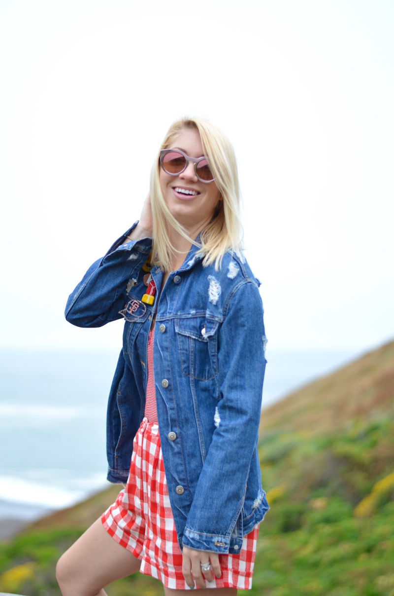 Urban Outfitters red bodysuit, red gingham shorts, oversize jean jacket // thestylesafari.com