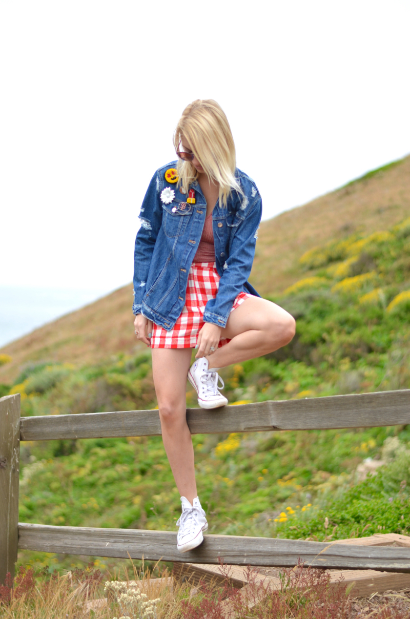 Urban Outfitters red bodysuit, red gingham shorts, oversize jean jacket // thestylesafari.com
