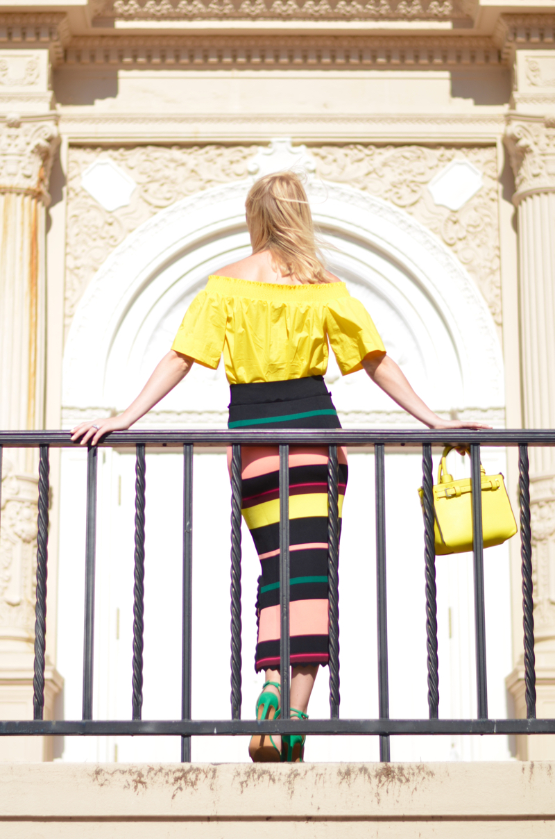 yellow off shoulder blouse, stripe apiece apart pencil skirt, street style // thestylesafari.com