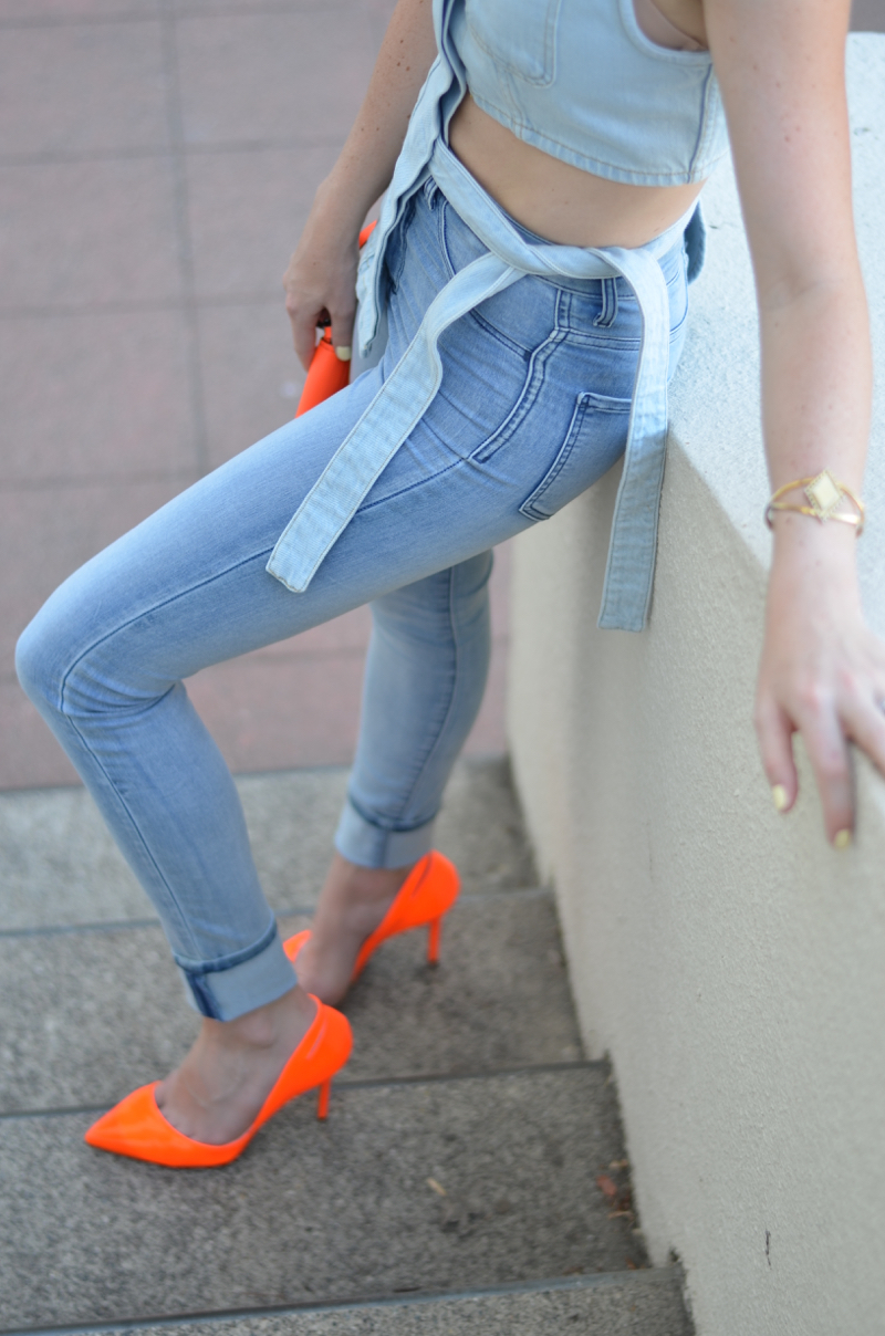 acne studios assymetrical denim top, neon orange mcQueen heels, neon orange clutch // thestylesafari.com