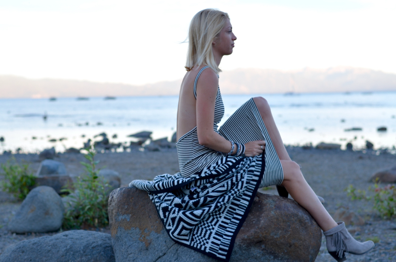 Stefanie Schoen of the Style Safari wearing Urban Outfitters stripe knit low back dress and tribal sweater