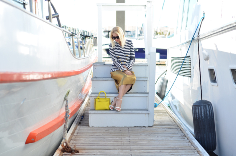 striped blazer, gold pleat skirt, nautical outfit // thestylesafari.com