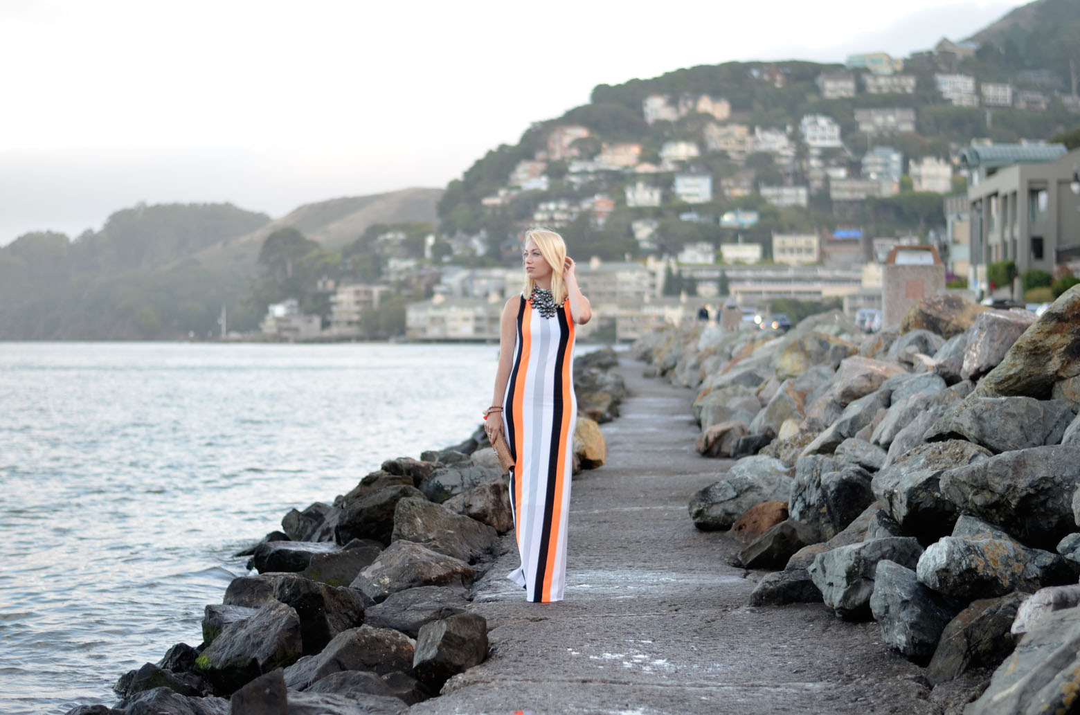 High neck vertical black white orange stripe dress made by Stefanie Schoen of The Style Safari
