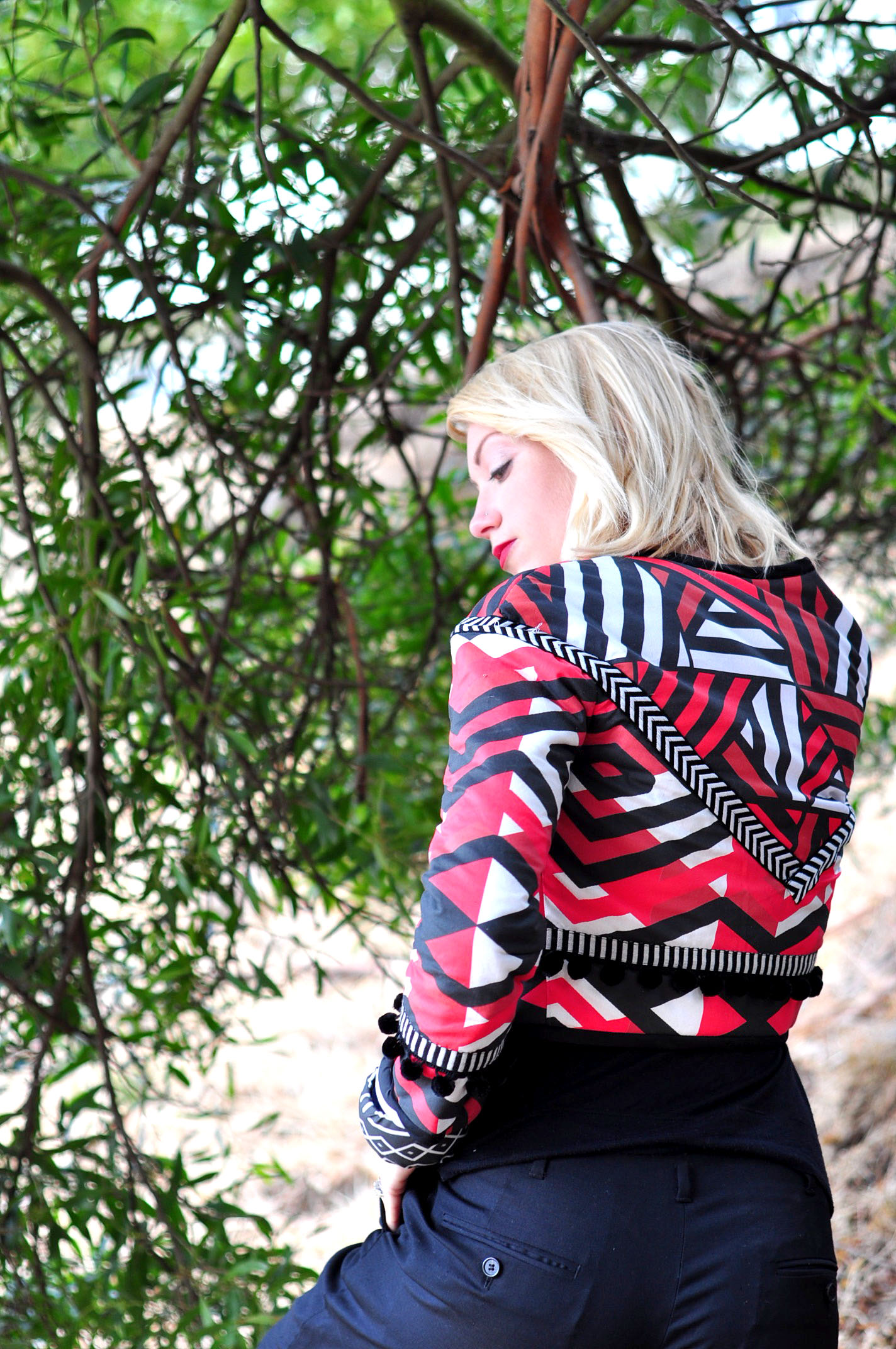 red black tribal print quilted jacket, handmade by Stefanie, fabric by The Style Safari on Spoonflower