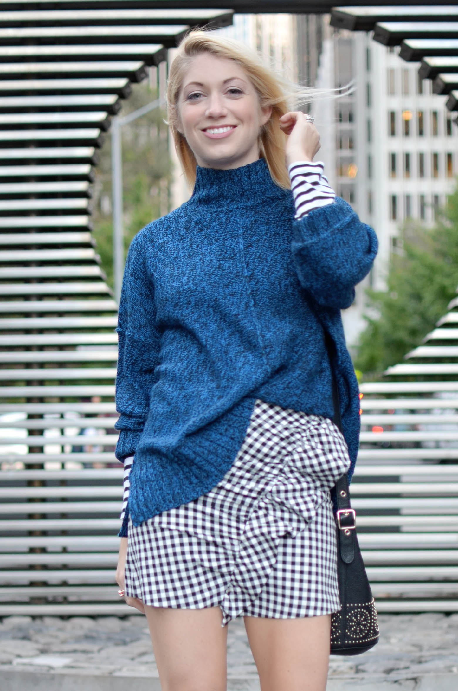 gingham ruffle mini skirt, blue oversize sweater, striped long sleeve tee, casual city street style // thestylesafari.com