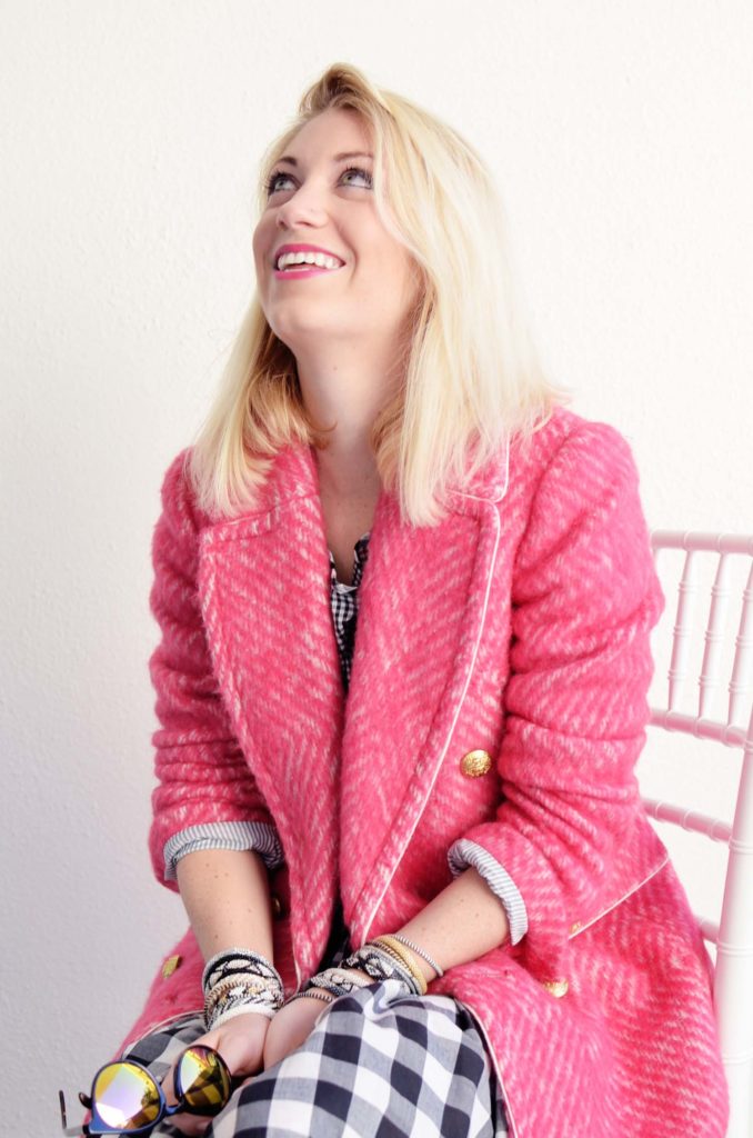 pink tweed blazer coat and mix gingham dress outfit, blogger style, spring outfit