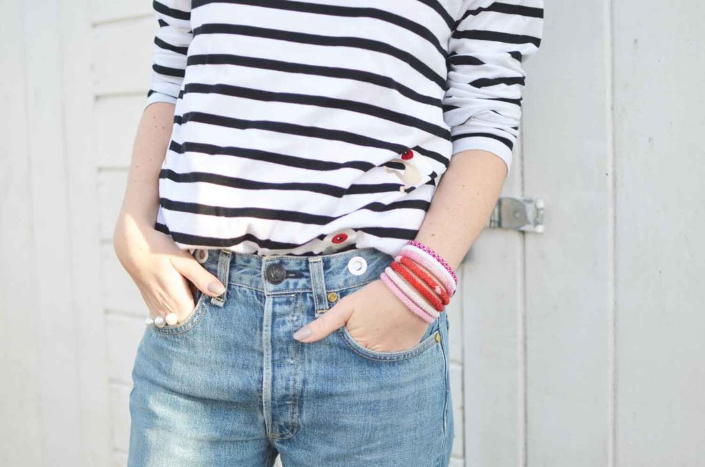 casual classic style, stripe long sleeve tee, color block boyfriend jeans