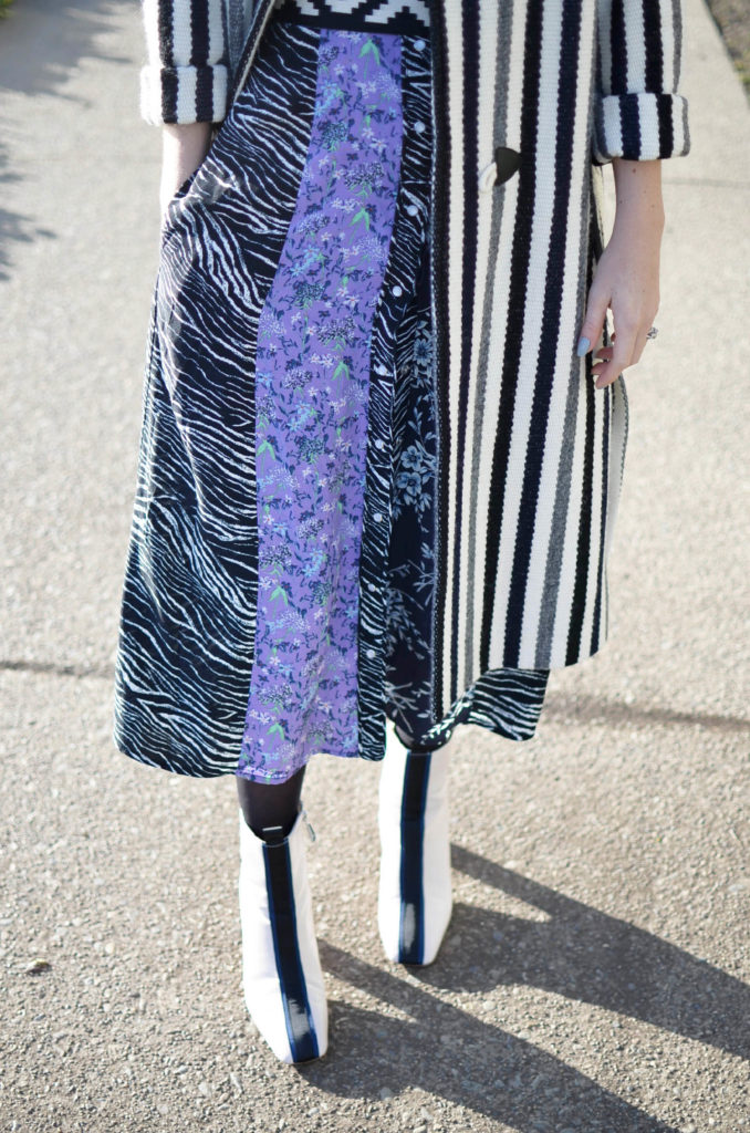 stripe isabel marant coat, H&M pattern dress, vanessa seward woven belt