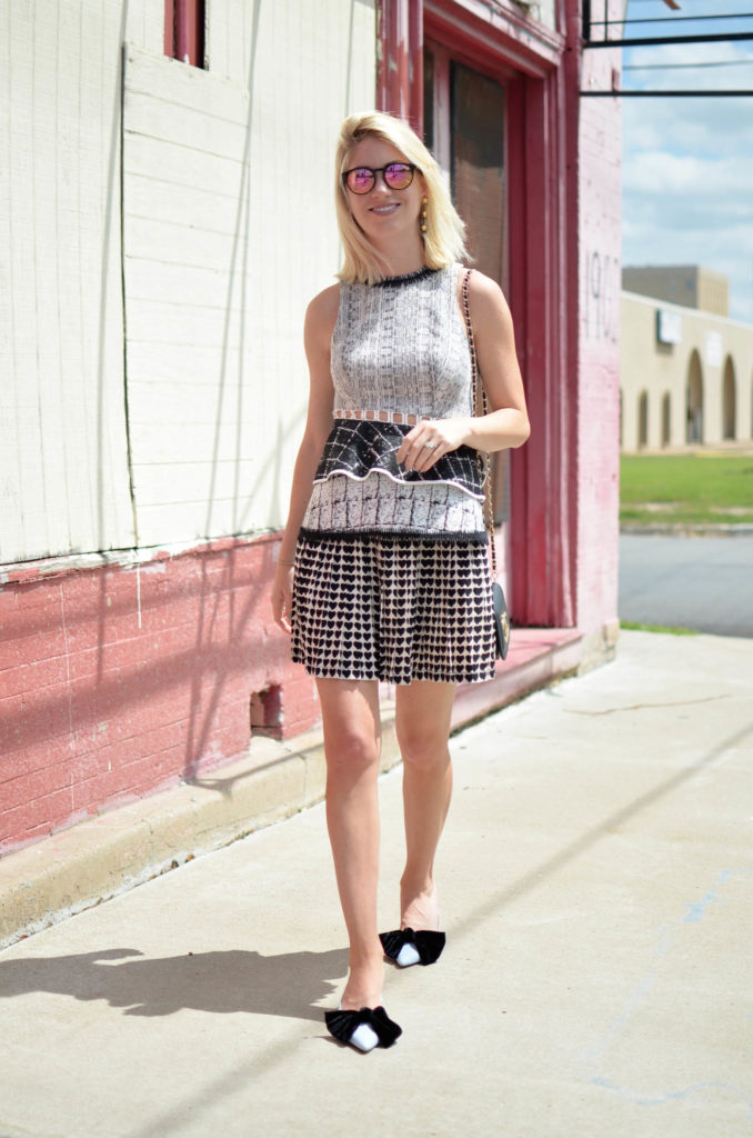 Mixed print, black and white, layers and texture, black and white outfit, bows on toes