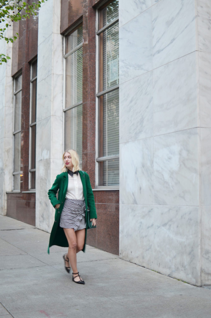 how to wear winter coats in spring, green long topcoat, gingham check, spring style, spring trends, valentino rockstud flats, how to wear gingham for spring