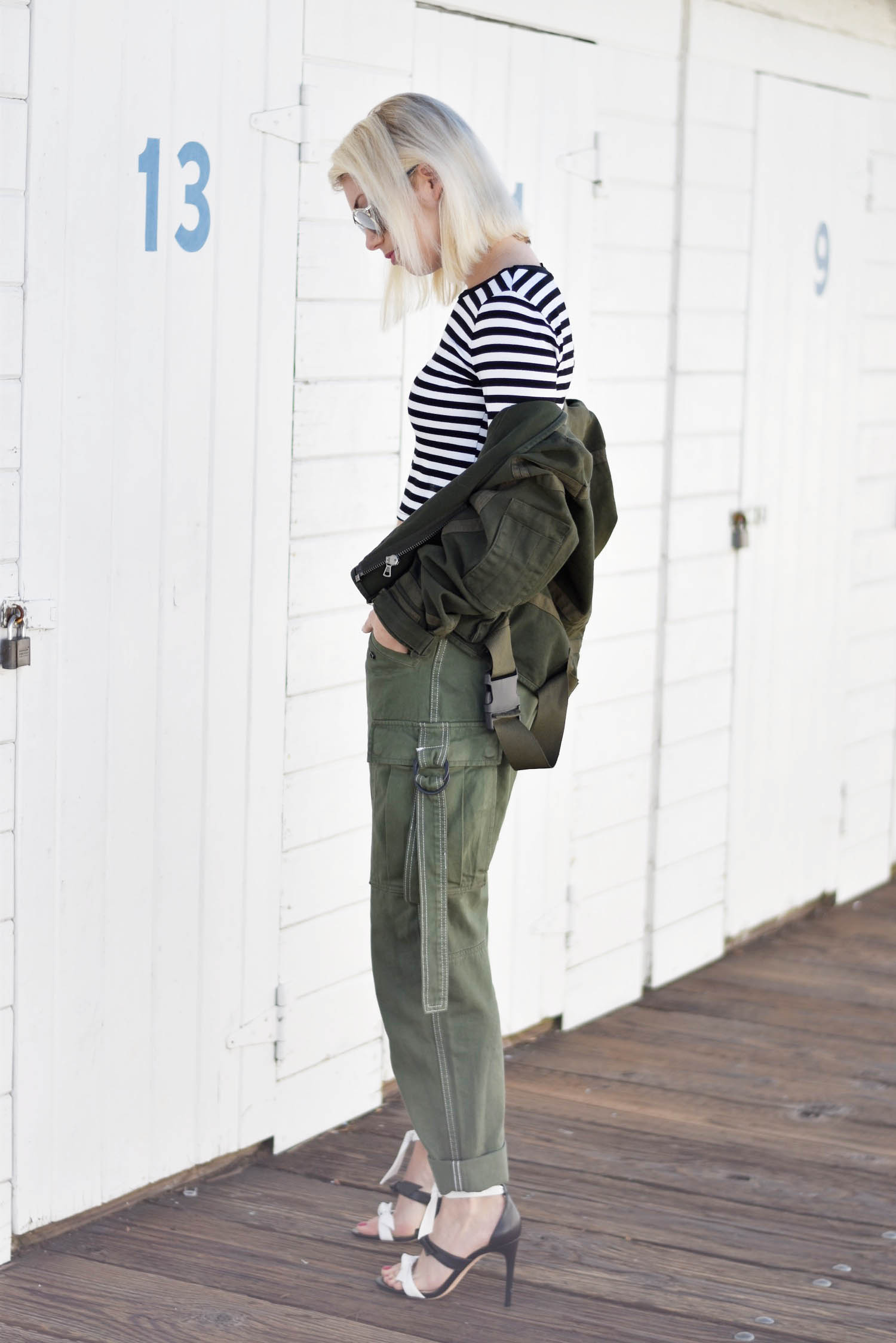 green cargo pants, stripe cropped top, military jacket
