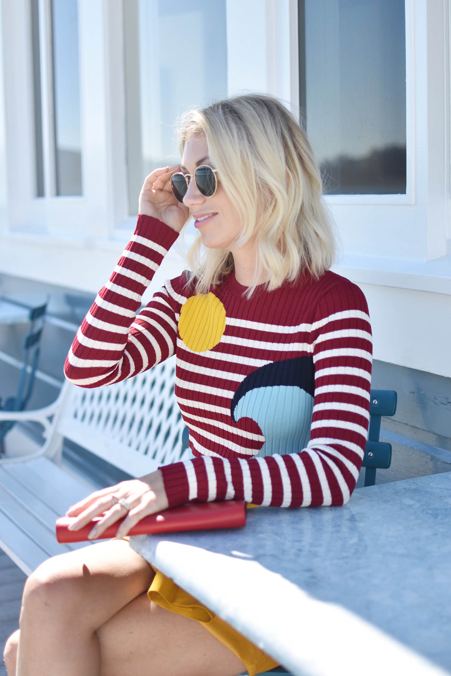 fall fashion trends: red valentino intarsia seaside stripe sweater and yellow skirt