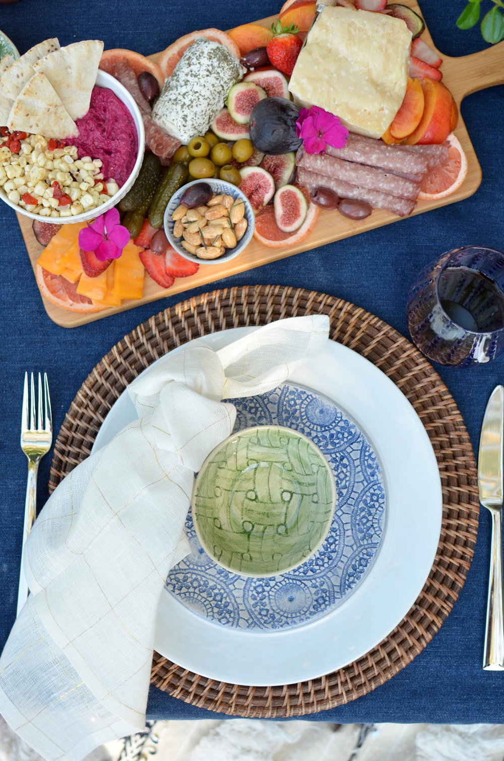 blue and white table cloth, lenox wonki ware dinnerware, outdoor entertaining with tapas, wine and cheese