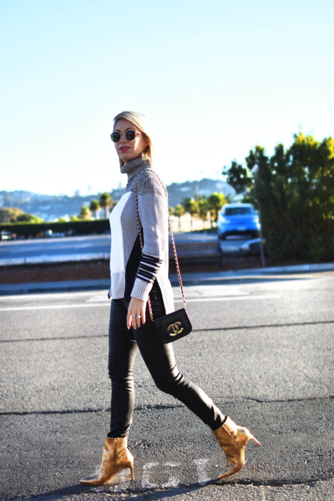 fall transitional style, helmut lang black leather leggings, asilio color block sweater 