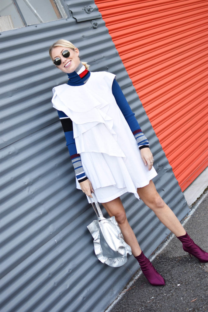 MSGM White Ruffle Dress, put a turtleneck under it, fall style tips, burgundy boots