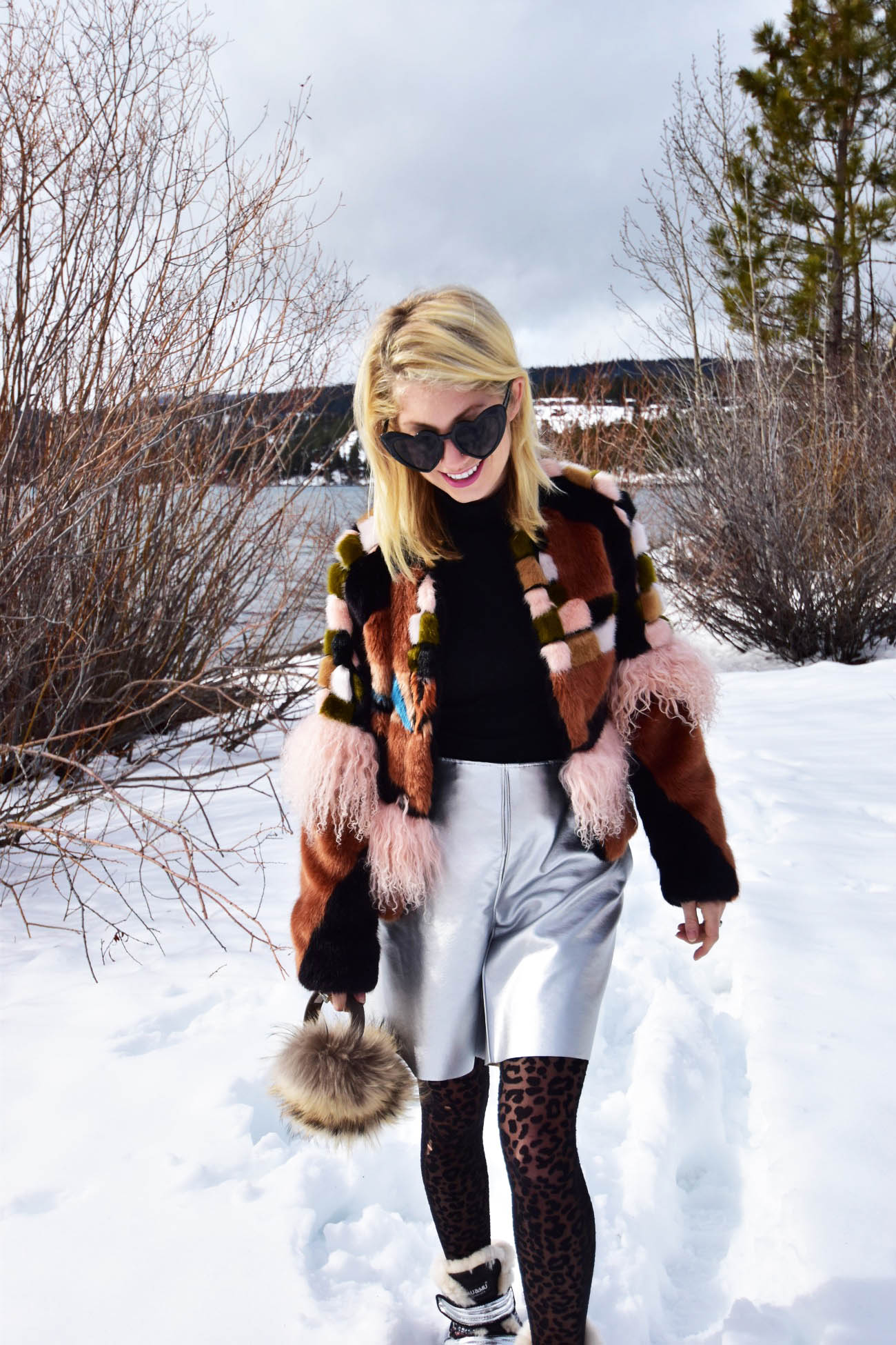 all my lake tahoe looks ski snow looks alexis faux fur jacket and silver skirt