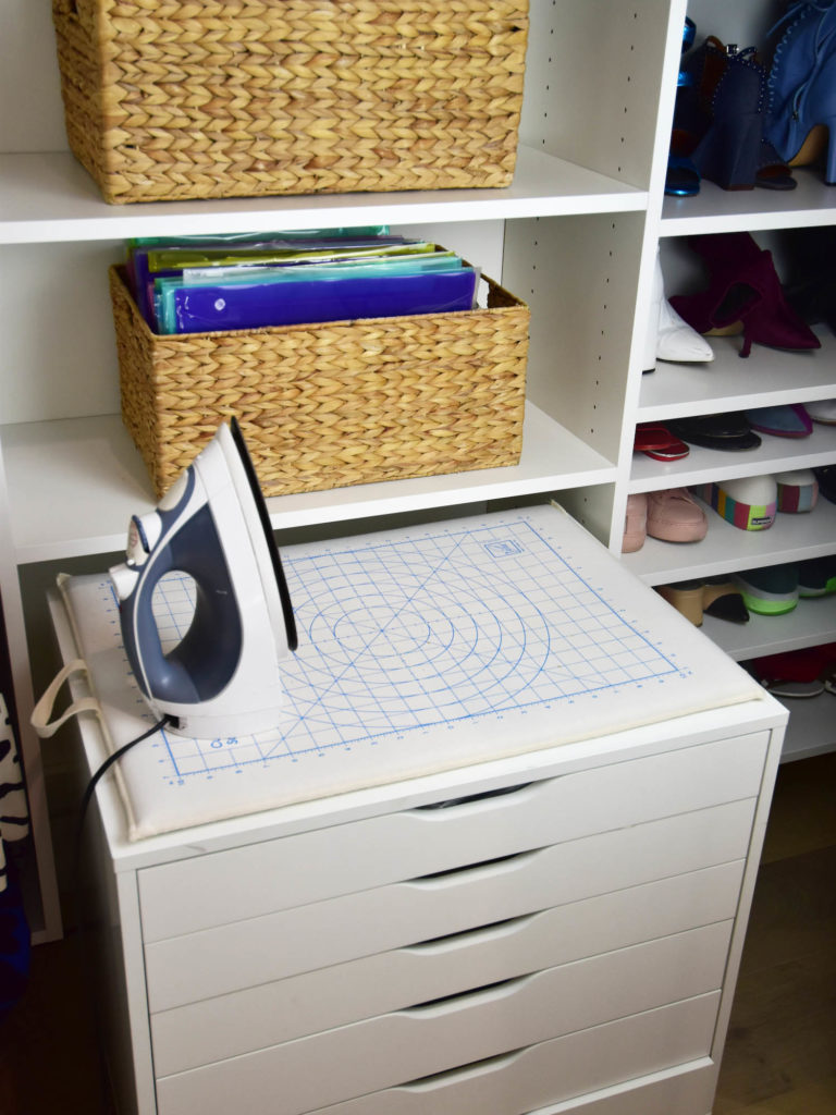Atelier reveal, craft sewing office tour, ikea alex rolling drawer hack, ironing board in closet