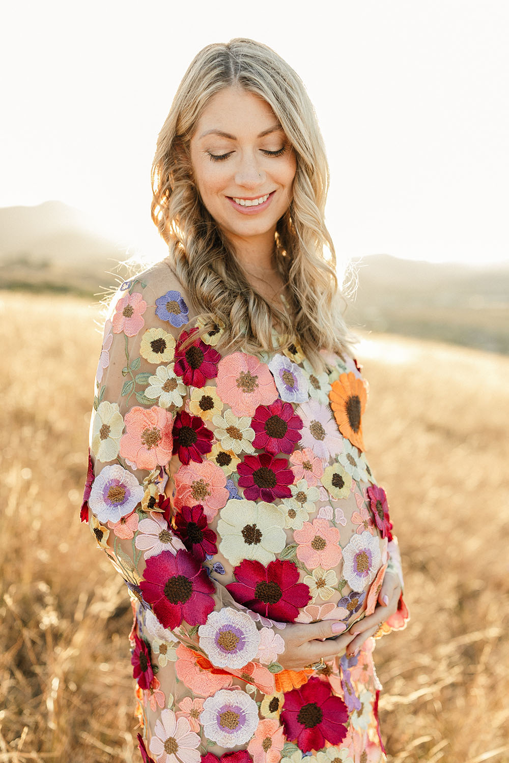 Floral Maternity Dress - maternity photoshoot, hand embroidered flowers, Torrey Fox, details