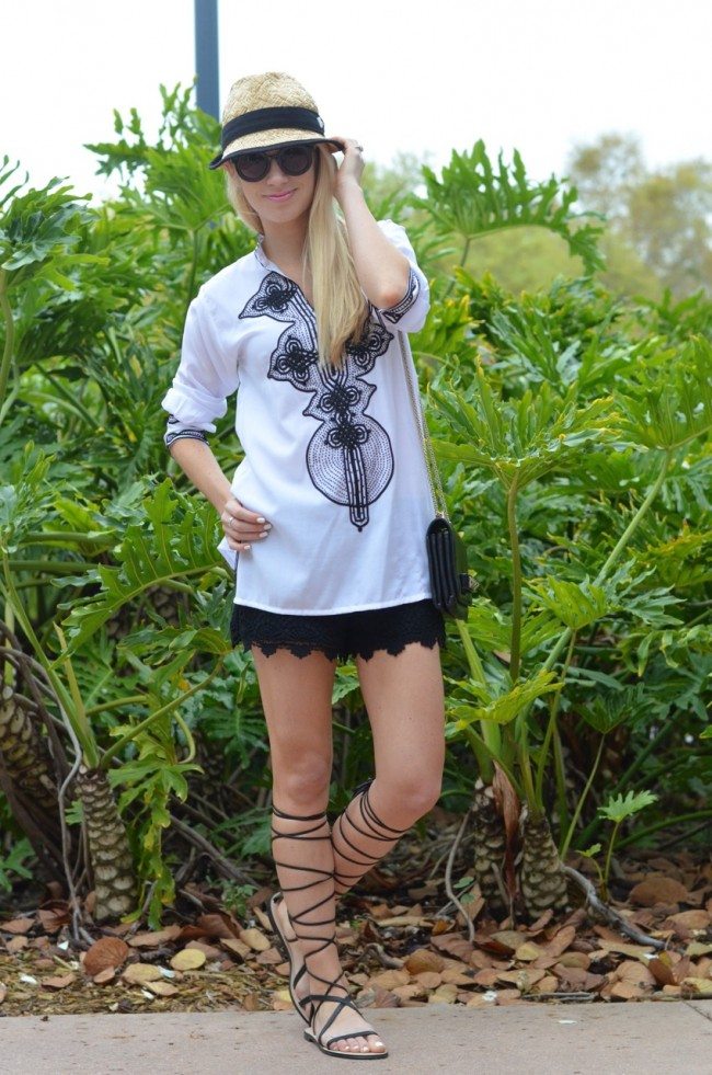 Gladiator sandals, embroidered top, lace shorts // thestylesafari.com