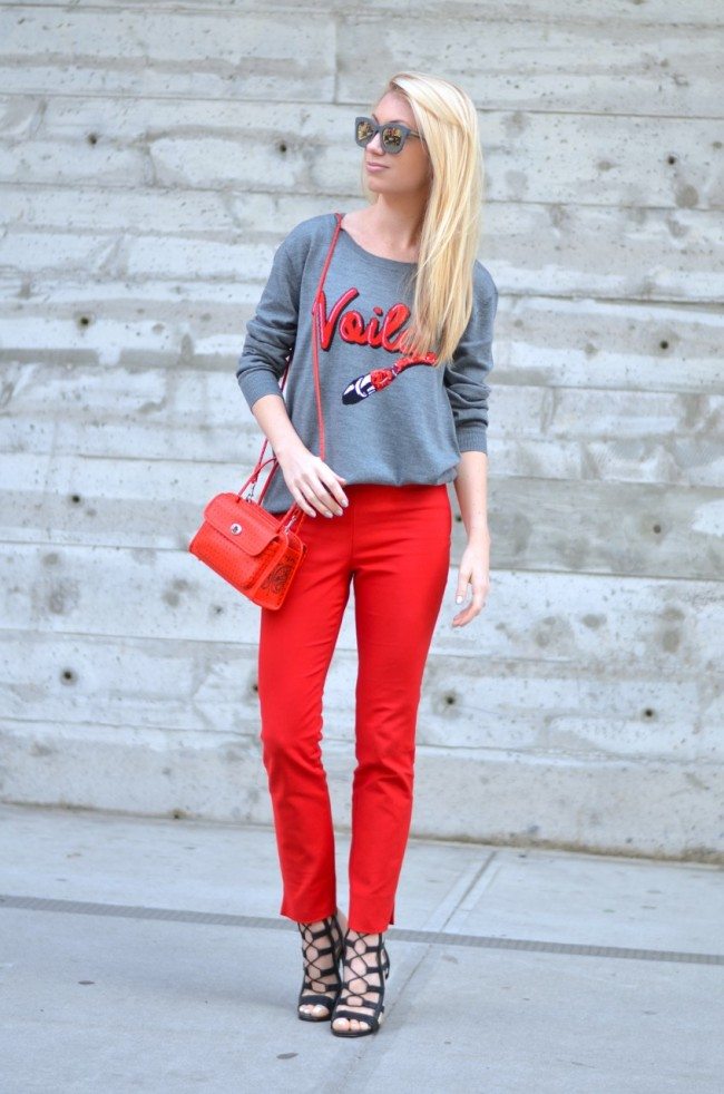 Embroidered Voila Markus Lupfer Sweater, Red Pants, red Coach bag // thestylesafari.com