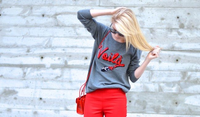 Embroidered Voila Markus Lupfer Sweater, Red Pants, red Coach bag // thestylesafari.com