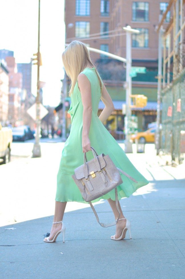 mint green & other stories draped dress, white heeled sandals, pashli bag // thestylesafari.com