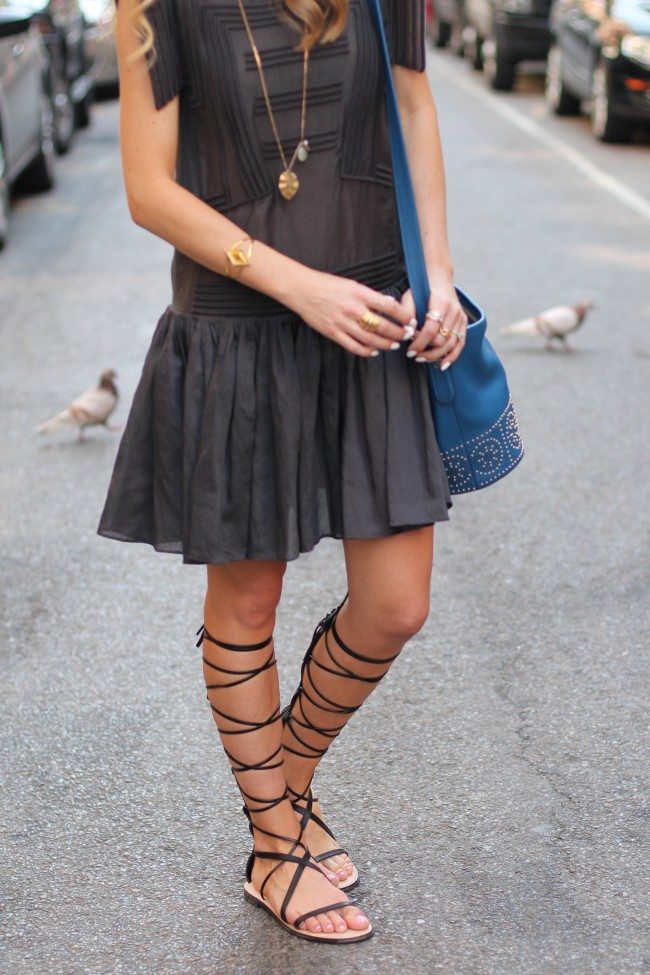 H&M conscious collection black dress, black gladiator sandals, blue coach bag // thestylesafari.com