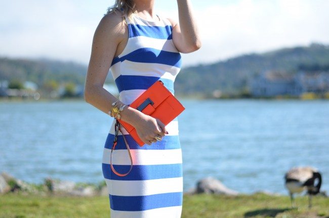 Blue white striped Midi Dress, orange nicholas kirkwood heels // thestylesafari.com