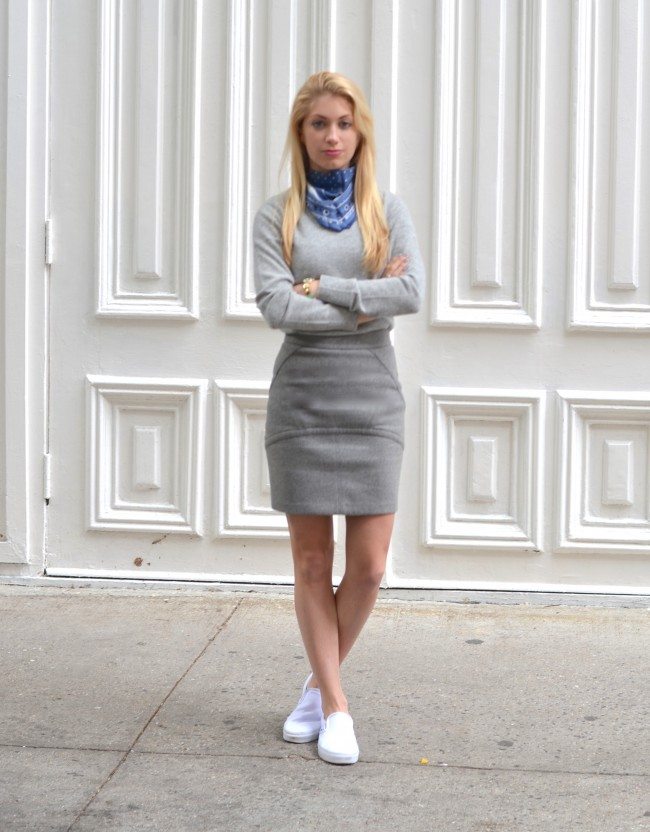 grey skirt, grey sweater, Coach silk bandana // thestylesafari.com