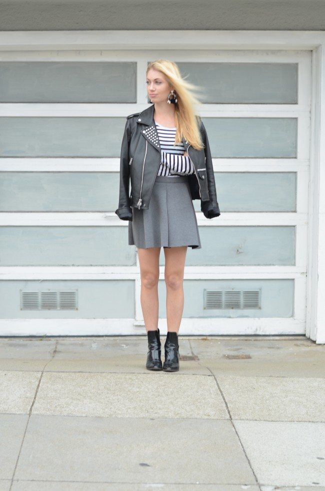 coach black leather jacket, striped top, grey flared skirt // thestylesafari.com