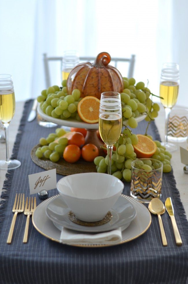 modern grey, silver and gold thanksgiving table