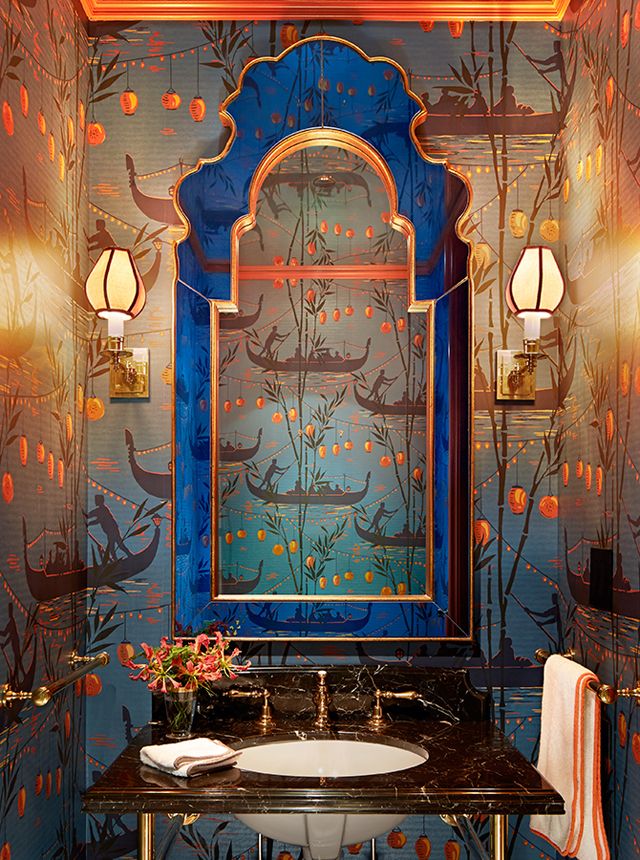 dark blue and coral chinoiserie wallpaper powder room