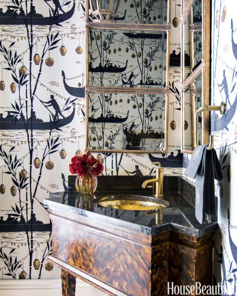 black and white chinoiserie wallpaper powder room