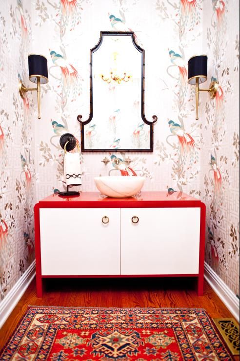 bright white and red chinoiserie wallpaper powder room