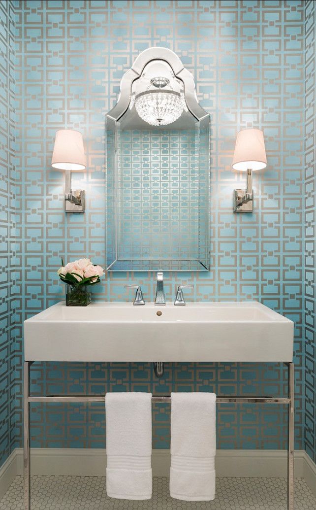 metallic pale blue and silver geometric bathroom