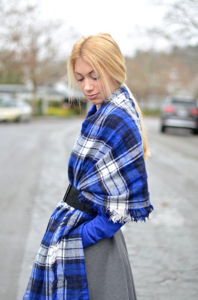 blue plaid scarf poncho, grey flared skirt, grey suede over the knee boots // thestylesafari.com