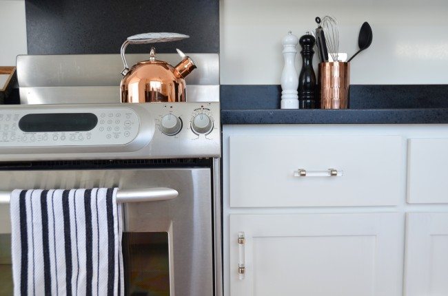lucite acrylic silver kitchen cabinet hardware, copper details