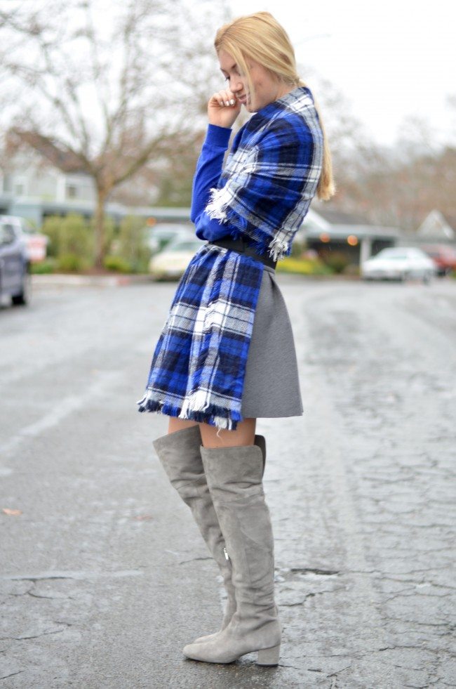 blue plaid scarf poncho, grey flared skirt, grey suede over the knee boots // thestylesafari.com