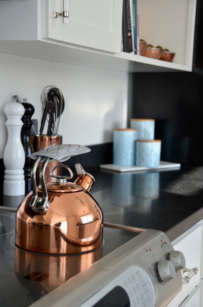 copper tea kettle, galley kitchen