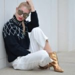 bead embellished black turtleneck, white culottes, gold boots // thestylesafari.com