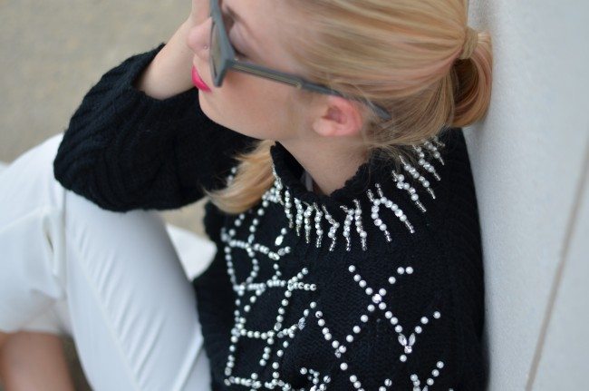 bead embellished black turtleneck, white culottes, grey sunglasses // thestylesafari.com