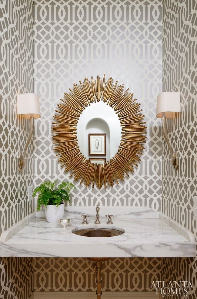 white and gold trellis wallpaper bathroom