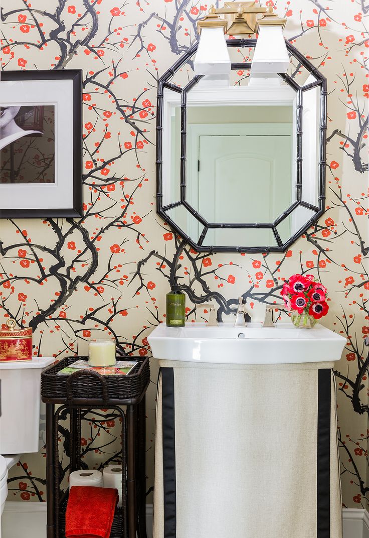 white pink and black chinoiserie flowering quince wallpaper by Clarence House bathroom