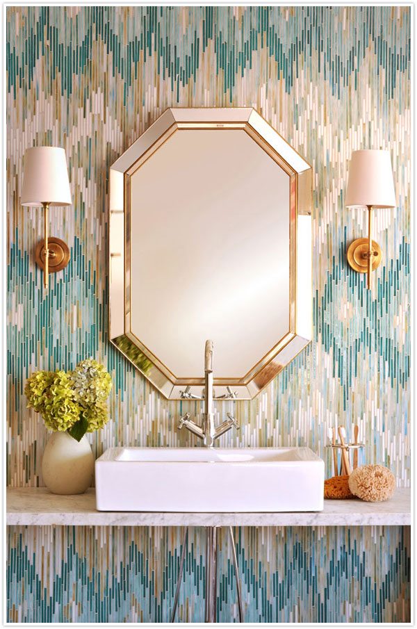 turquoise gold and silver ikat wallpaper bathroom
