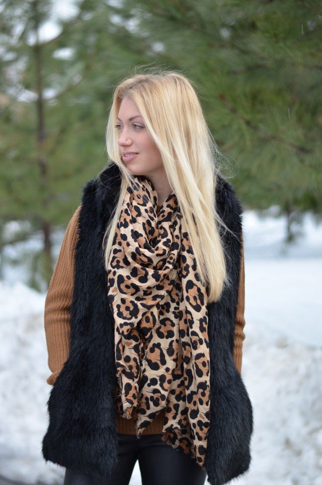 gary baseman leopard print scarf, black fur vest, leather leggings // thestylesafari.com