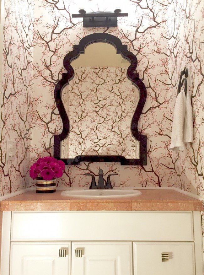 cherry blossom wallpaper, red pink and black powder room renovation // thestylesafari.com