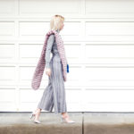ASOS striped grey jumpsuit, grey turtleneck, pink faux fur scarf, blue suede shoulder bag // thestylesafari.com