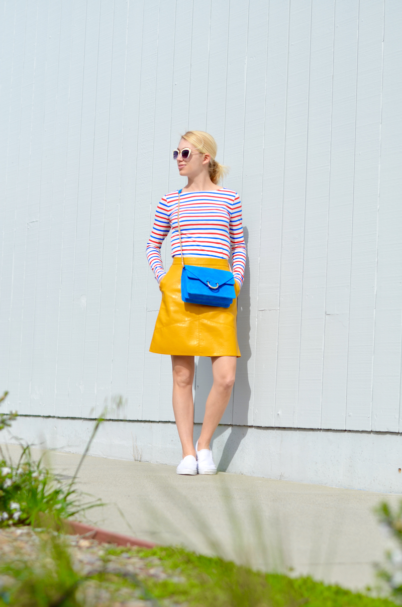 yellow faux leather a-line skirt, red white blue striped tee, blue suede shoulder bag // thestylesafari.com