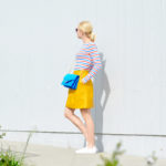 yellow faux leather a-line skirt, red white blue striped tee, blue suede shoulder bag // thestylesafari.com