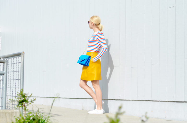 yellow faux leather a-line skirt, red white blue striped tee, blue suede shoulder bag // thestylesafari.com